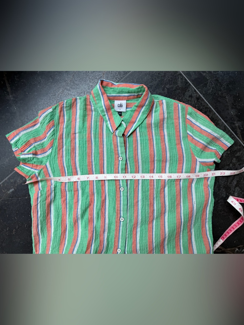 CAbi Camp Shirt Green Striped Linen Blend Button Front High-Low Casual Top Small
